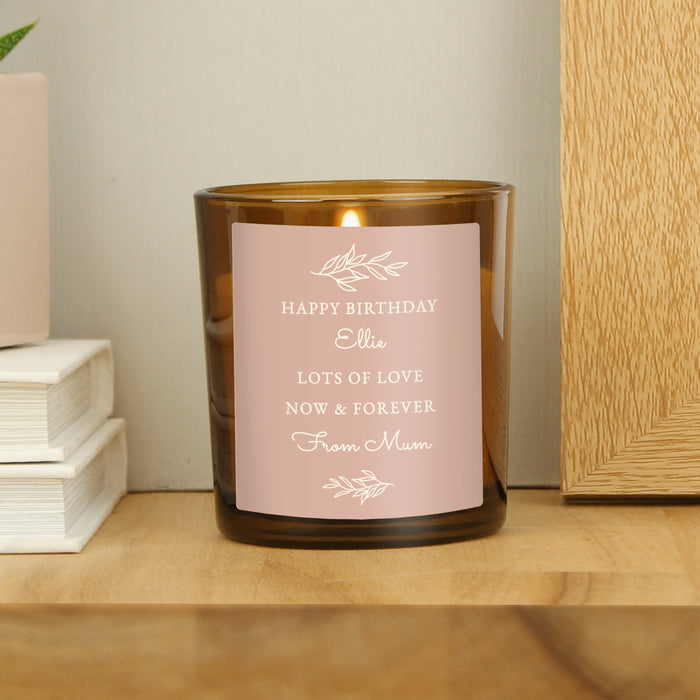 Personalised Pink Label Amber Glass Candle