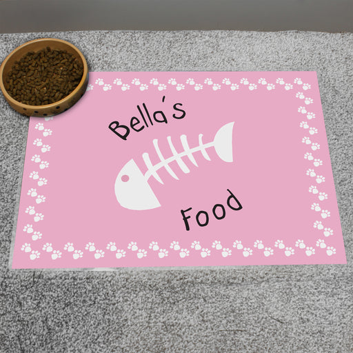 Personalised Pink Fish Bone Cat Pet Bowl Mat - The Gift Cabin UK