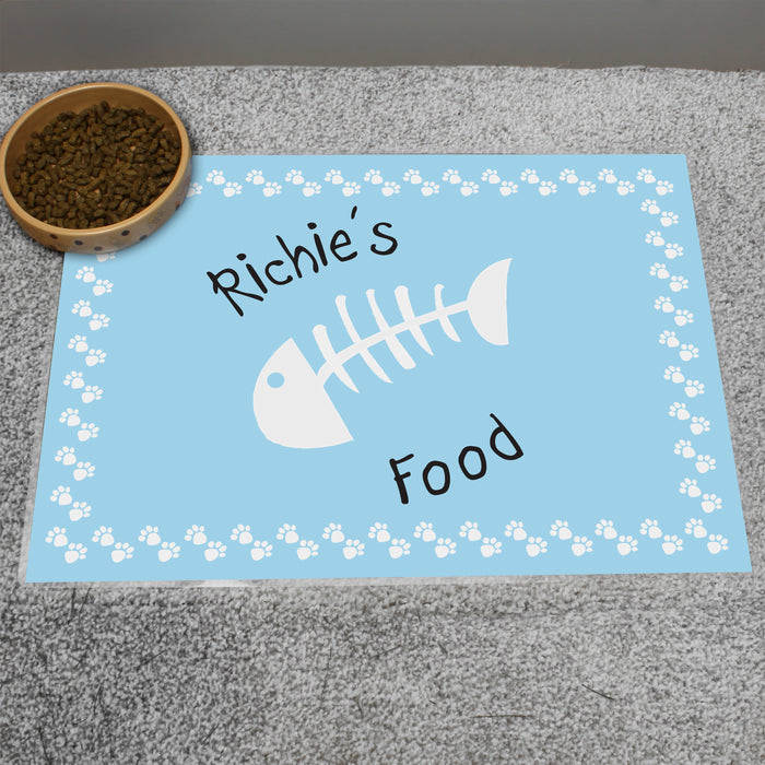 Personalised Blue Fish Bone Cat Pet Bowl Mat - The Gift Cabin UK