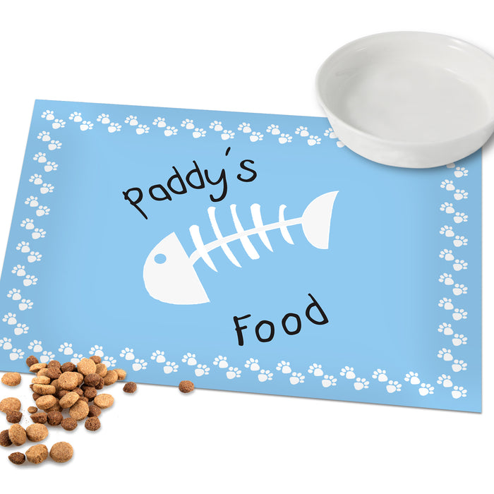 Personalised Blue Fish Bone Cat Pet Bowl Mat - The Gift Cabin UK