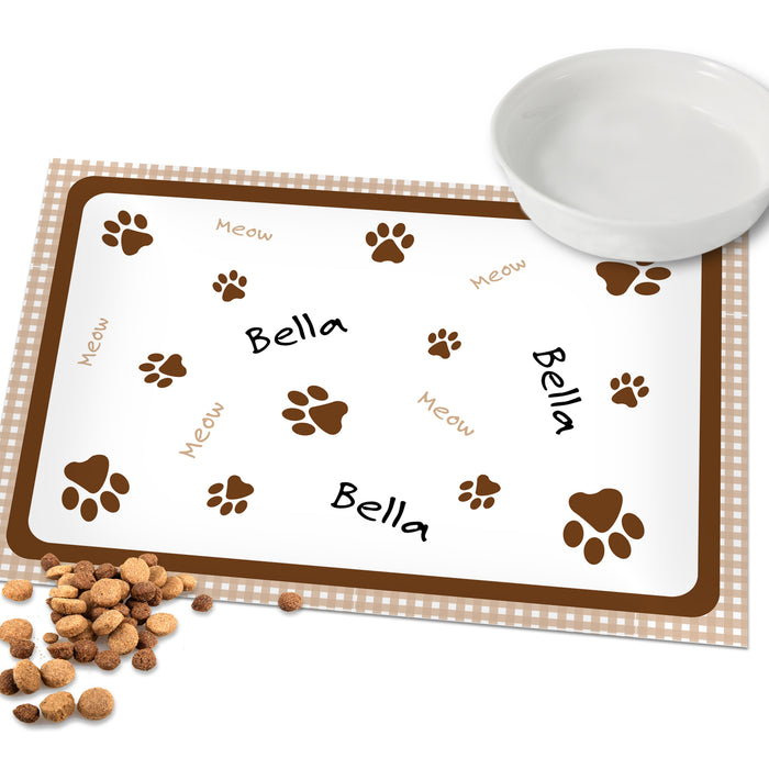 Personalised Brown Gingham Cat Pet Bowl Mat - The Gift Cabin UK