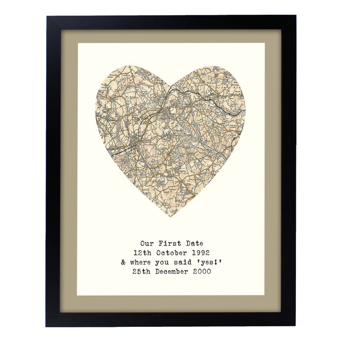 Personalised 1896 - 1904 Revised Map Heart Black Framed Print - The Gift Cabin UK