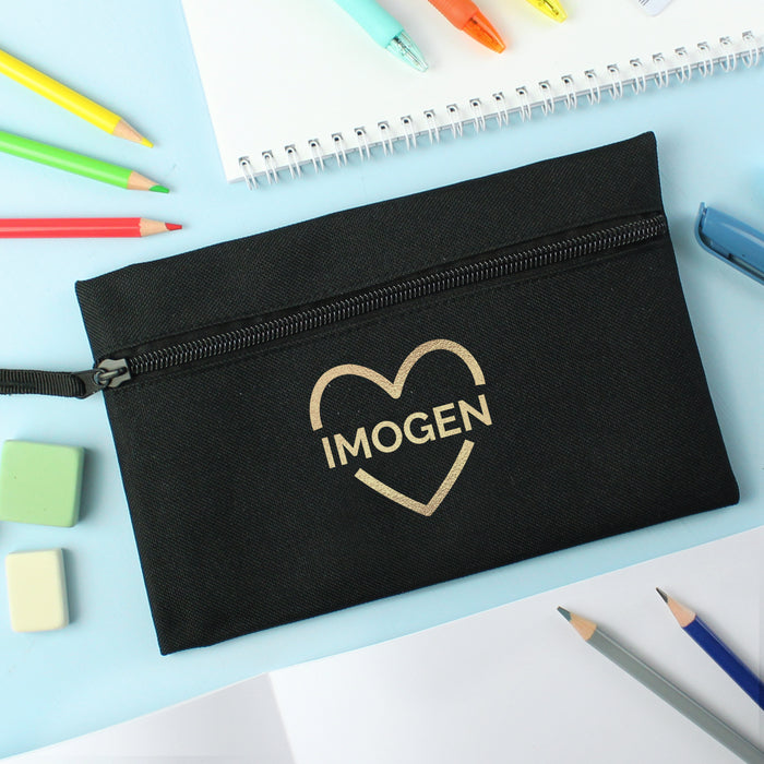 Personalised Gold Heart Black Pencil Case