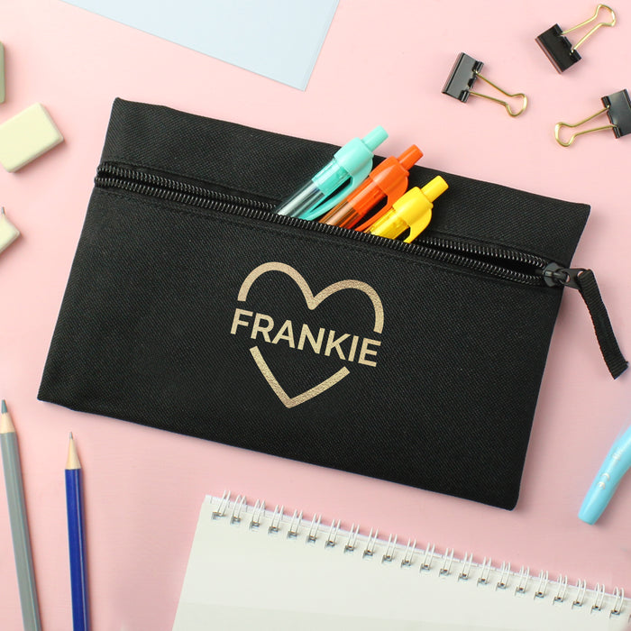 Personalised Gold Heart Black Pencil Case