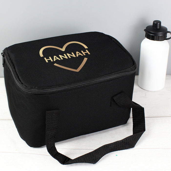 Personalised Gold Heart Black Lunch Bag