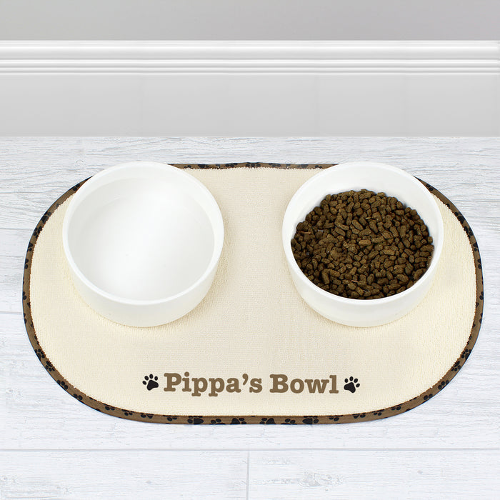 Personalised Brown Microfibre Paw Print Pet Bowl Mat - The Gift Cabin UK