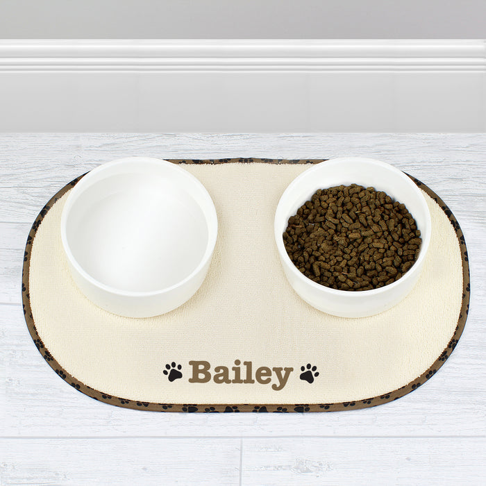 Personalised Brown Microfibre Paw Print Pet Bowl Mat - The Gift Cabin UK