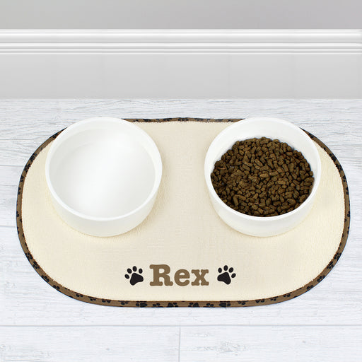 Personalised Brown Microfibre Paw Print Pet Bowl Mat - The Gift Cabin UK