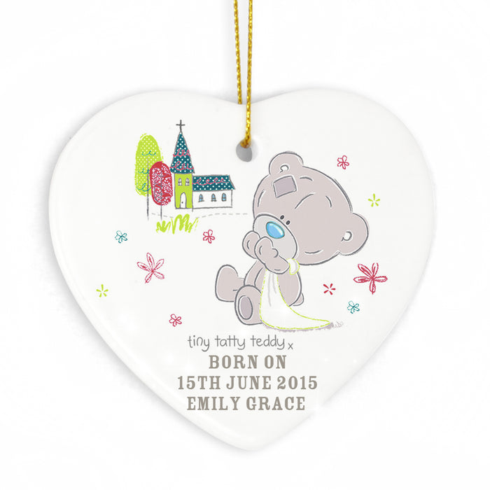 Personalised Tiny Tatty Teddy Christening Ceramic Heart Decoration - The Gift Cabin UK