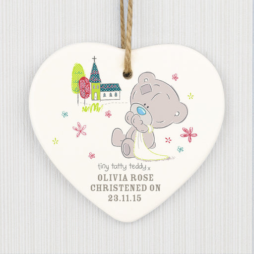 Personalised Tiny Tatty Teddy Christening Ceramic Heart Decoration - The Gift Cabin UK