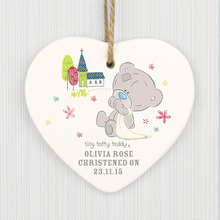 Personalised Tiny Tatty Teddy Christening Ceramic Heart Decoration - The Gift Cabin UK