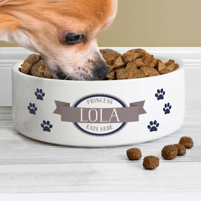 Personalised Blue Paws 14cm Medium White Pet Bowl - The Gift Cabin UK