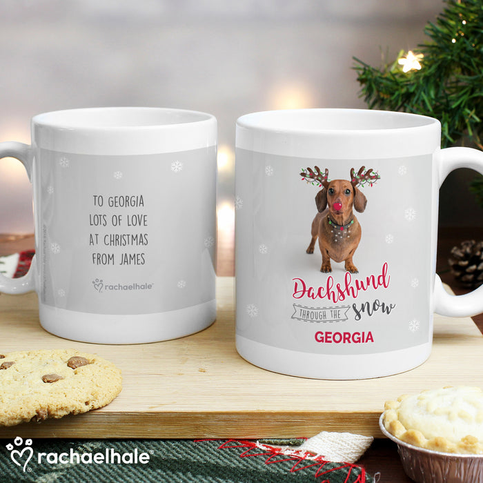 Personalised Rachael Hale Christmas Dachshund Through the Snow Mug - The Gift Cabin UK