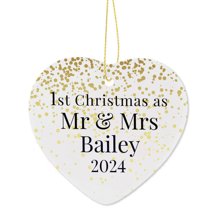 Personalised Mr and Mrs 1st Christmas Ceramic Heart Decoration