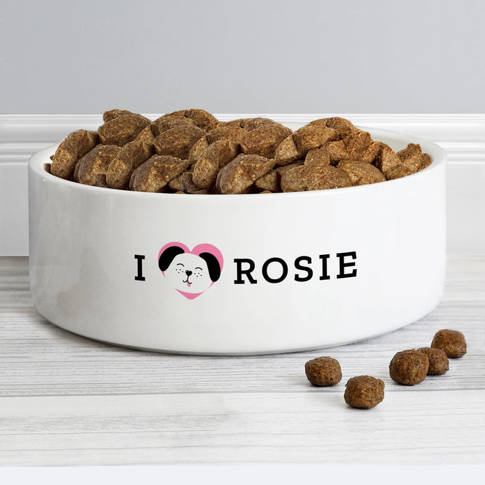 Personalised I Love my Dog - Cute Design 14cm Medium Ceramic White Pet Bowl - The Gift Cabin UK