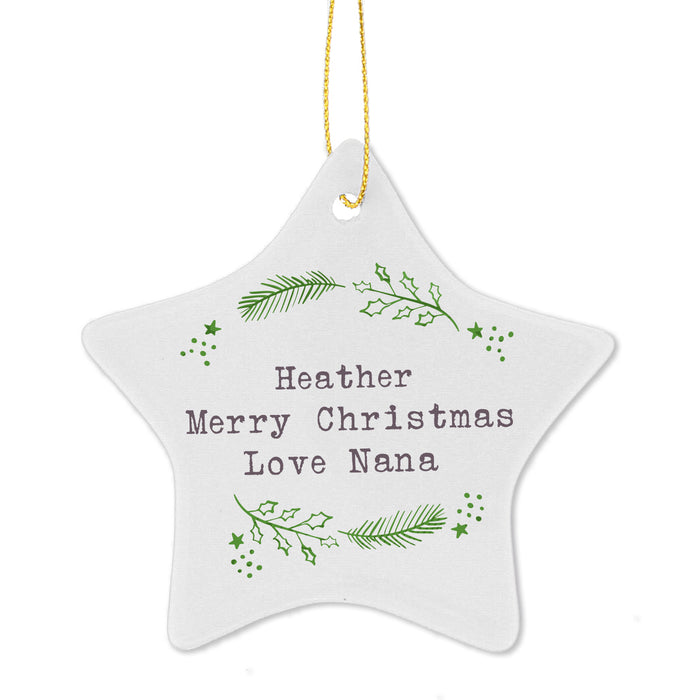 Personalised Christmas Holly Ceramic Star Decoration