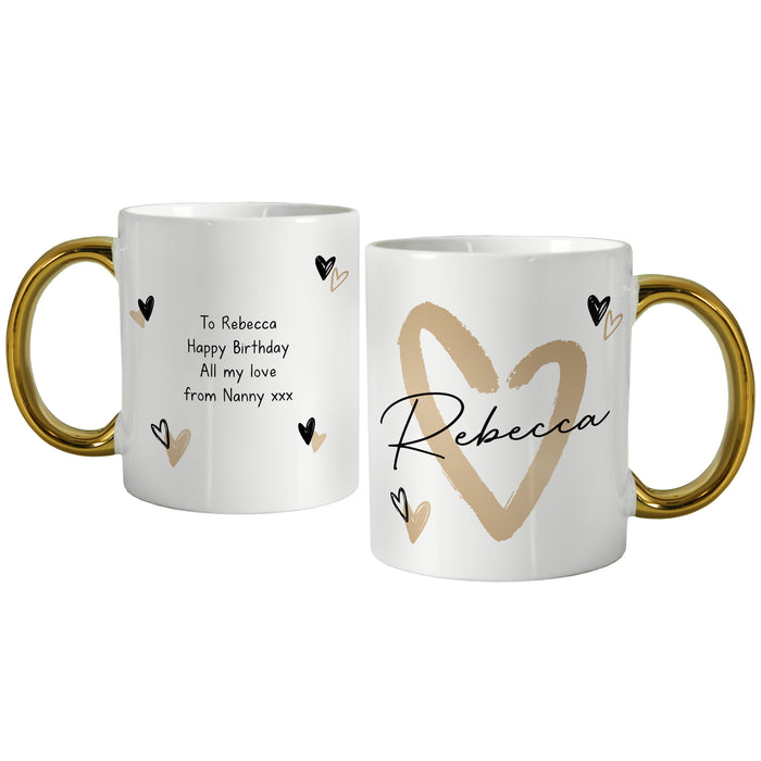 Personalised Hearts Gold Handled Mug - The Gift Cabin UK