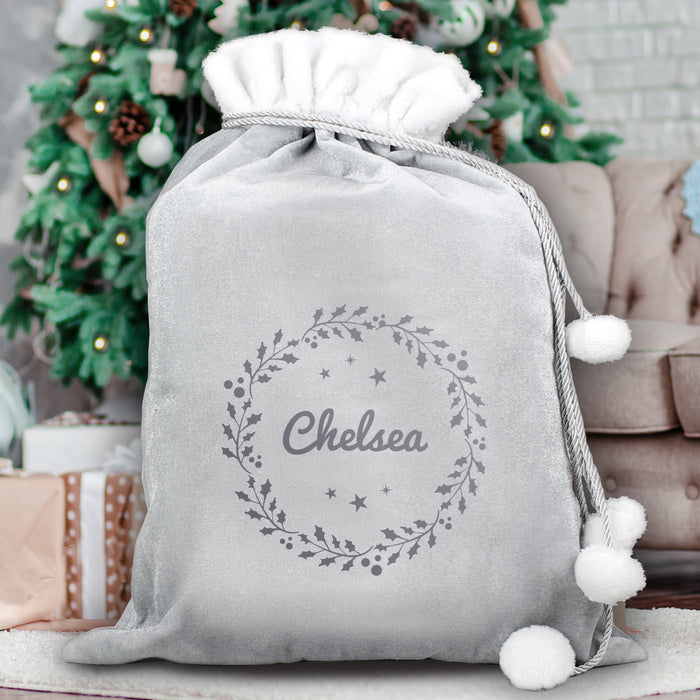 Personalised Holly Grey Christmas Sack