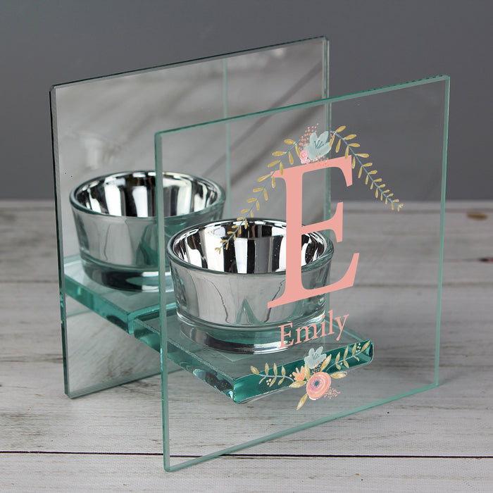 Personalised Floral Bouquet Mirrored Glass Tea Light Candle Holder