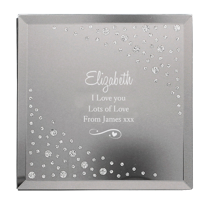 Personalised Any Message Swirls & Hearts Diamante Glass Trinket Box