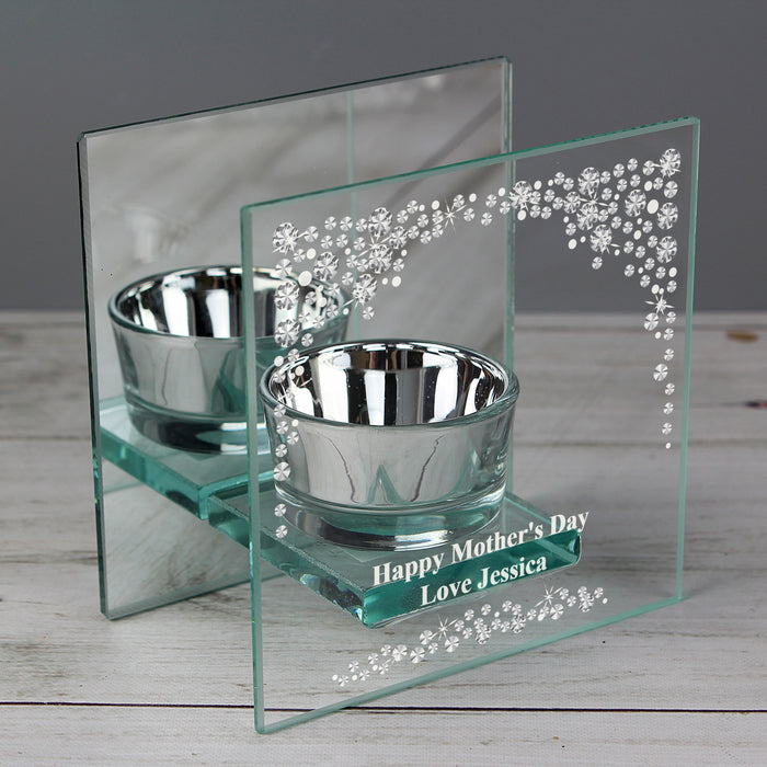 Personalised Diamante Effect Mirrored Glass Tea Light Candle Holder