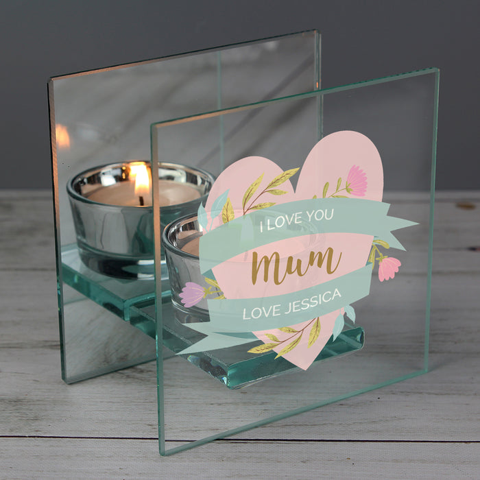 Personalised Floral Heart Mothers Day Mirrored Glass Tea Light Holder