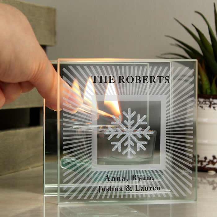 Personalised Snowflake Silver Glitter Tea Light Holder