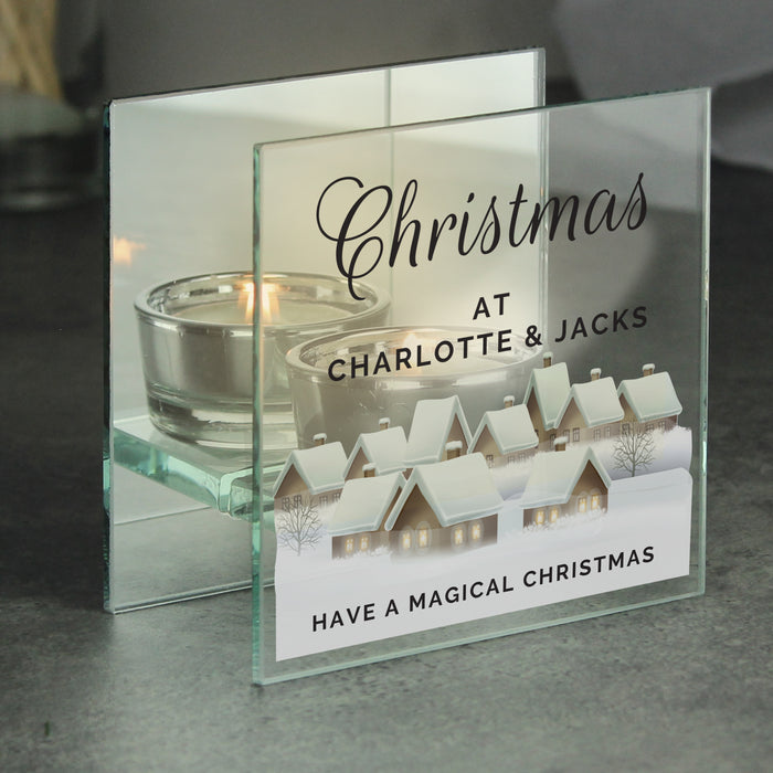 Personalised Christmas Village Mirrored Glass Tea Light Candle Holder