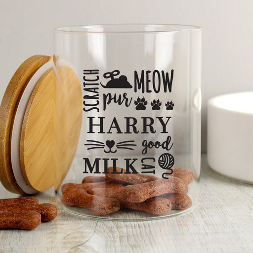 Personalised Glass Cat Treat jar with Bamboo Lid - The Gift Cabin UK