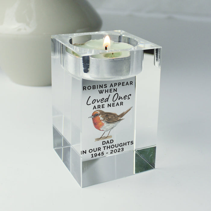 Personalised Robin Memorial Glass Tealight Holder