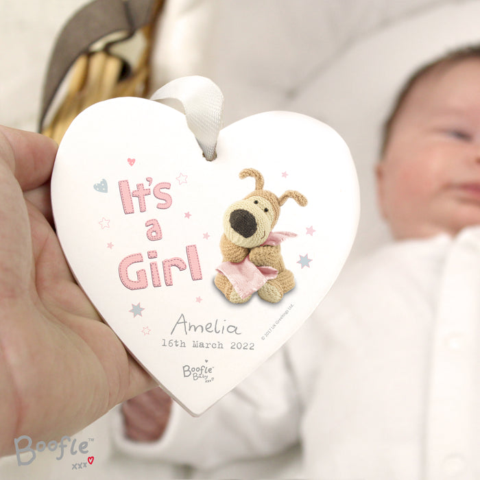 Personalised Boofle It's a Girl Wooden Heart Decoration - The Gift Cabin UK