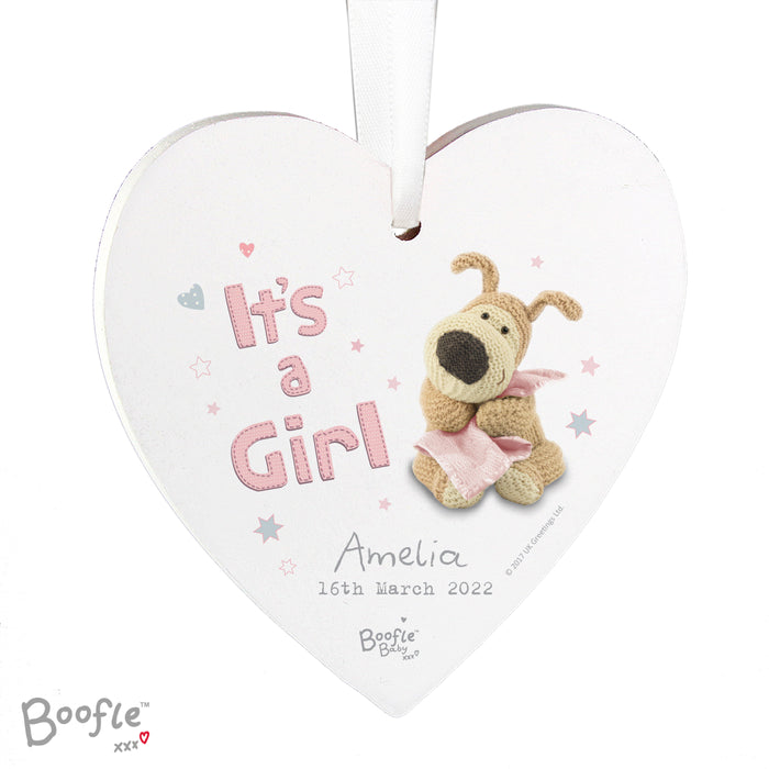 Personalised Boofle It's a Girl Wooden Heart Decoration - The Gift Cabin UK