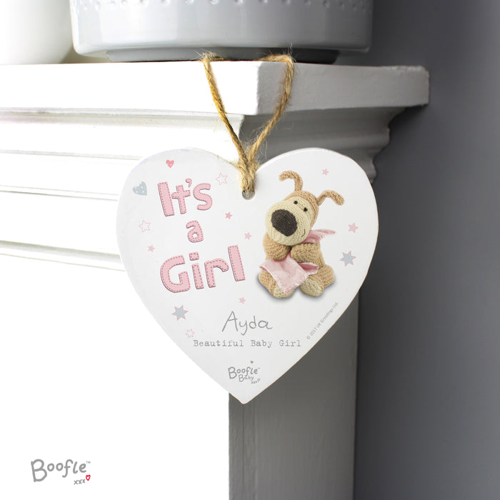 Personalised Boofle It's a Girl Wooden Heart Decoration - The Gift Cabin UK