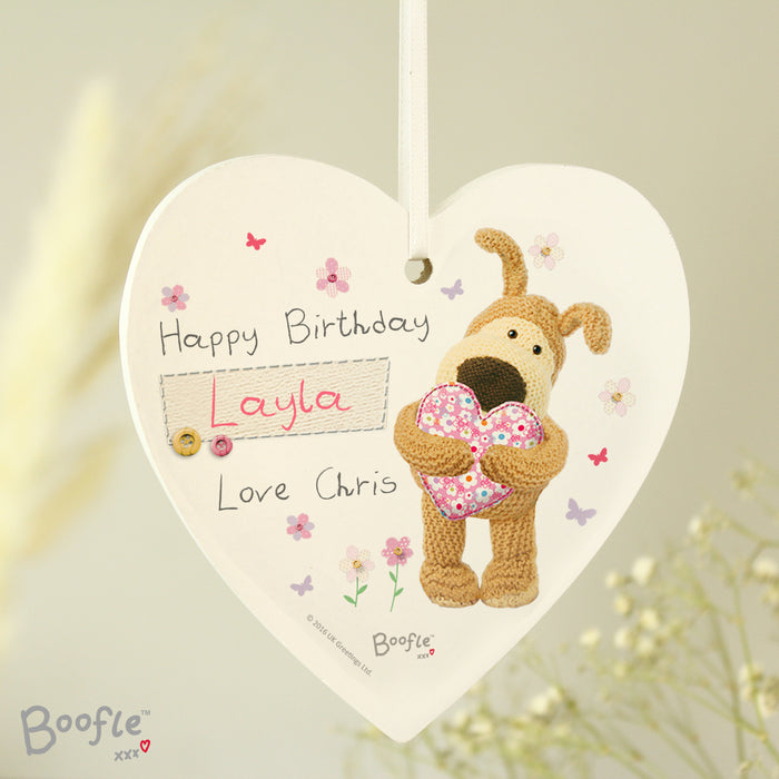 Personalised Boofle Flowers Wooden Heart Decoration - The Gift Cabin UK