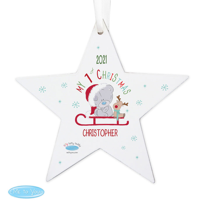 Personalised Tiny Tatty Teddy My 1st Christmas Sleigh Wooden Star Decoration - The Gift Cabin UK