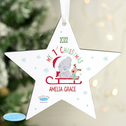 Personalised Tiny Tatty Teddy My 1st Christmas Sleigh Wooden Star Decoration - The Gift Cabin UK