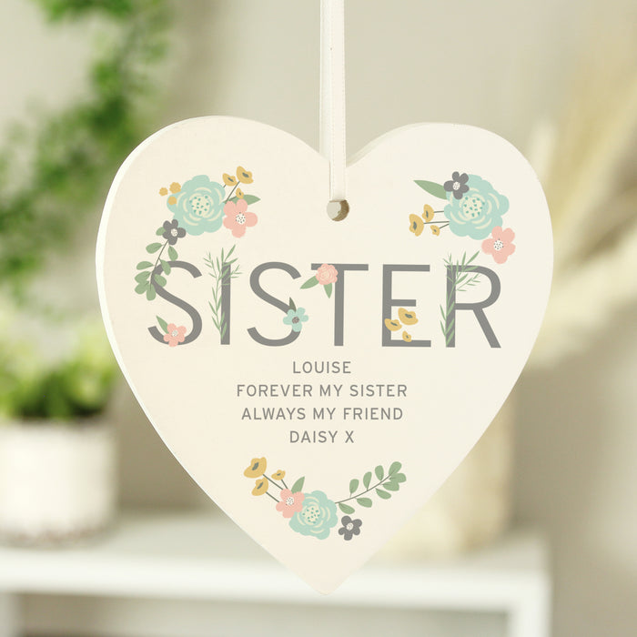 Personalised Sister Floral Wooden Heart Decoration