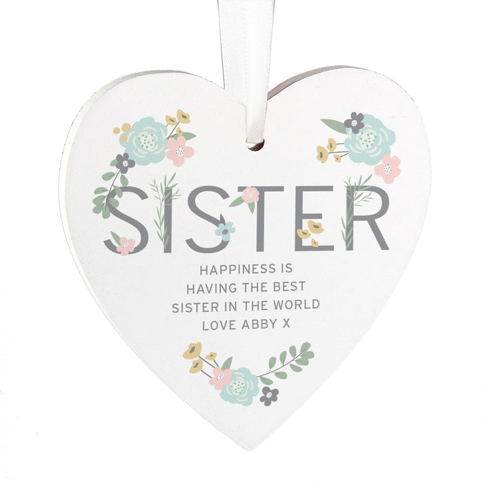 Personalised Sister Floral Wooden Heart Decoration