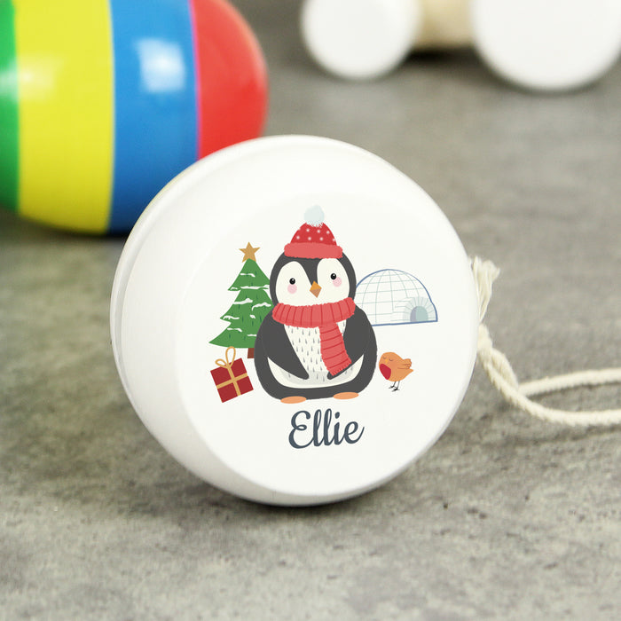 Personalised Christmas Penguin White Wooden Yoyo