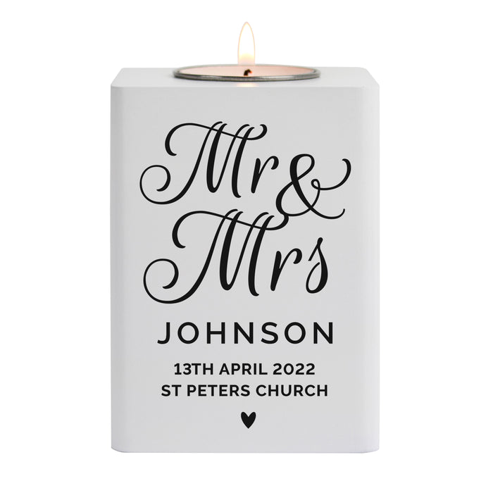 Personalised Mr & Mrs White Wooden Tea light Holder