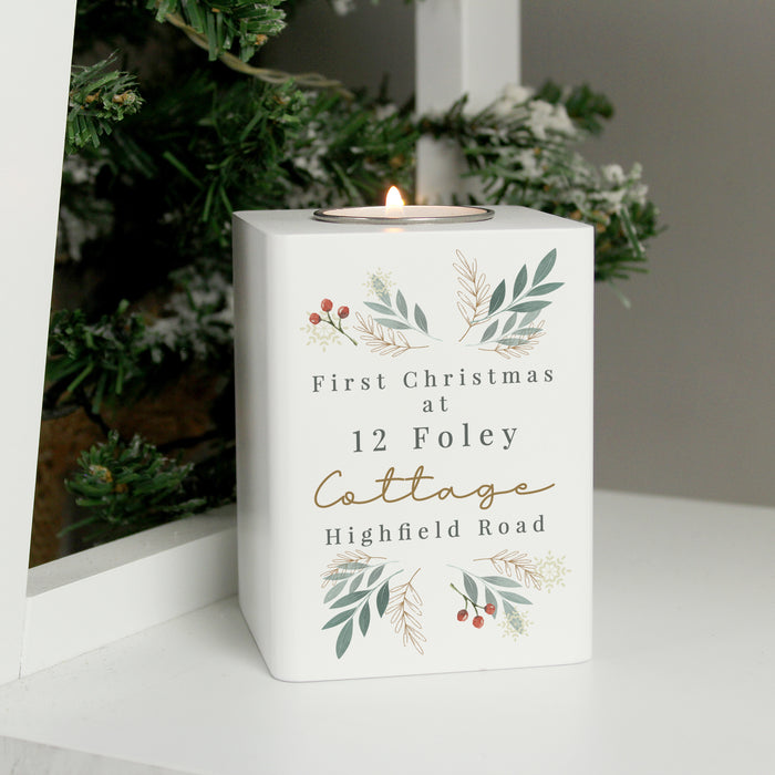 Personalised Christmas Foliage White Tealight Holder