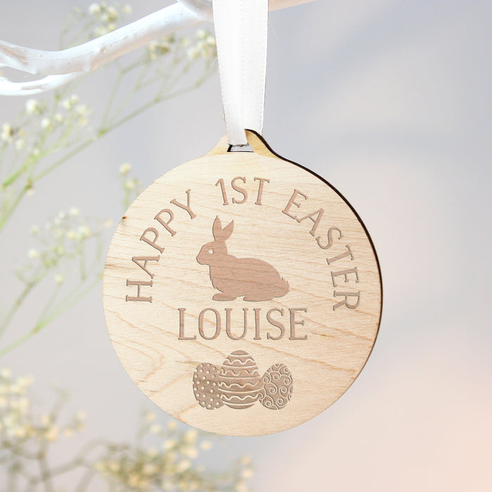 Personalised Easter Bunny Round Wooden Decoration