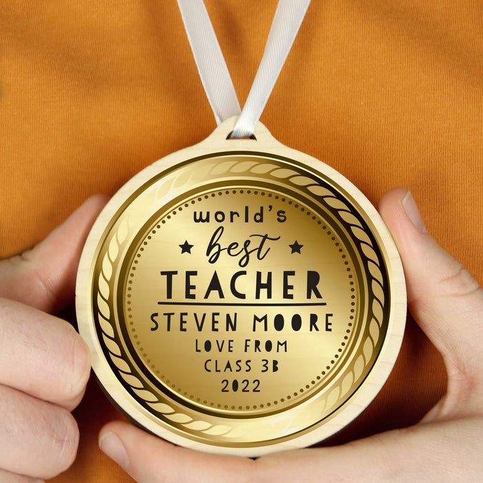 Personalised WorldÂ’s Best Teacher Round Wooden Medal