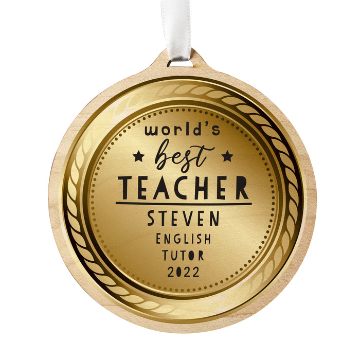 Personalised WorldÂ’s Best Teacher Round Wooden Medal