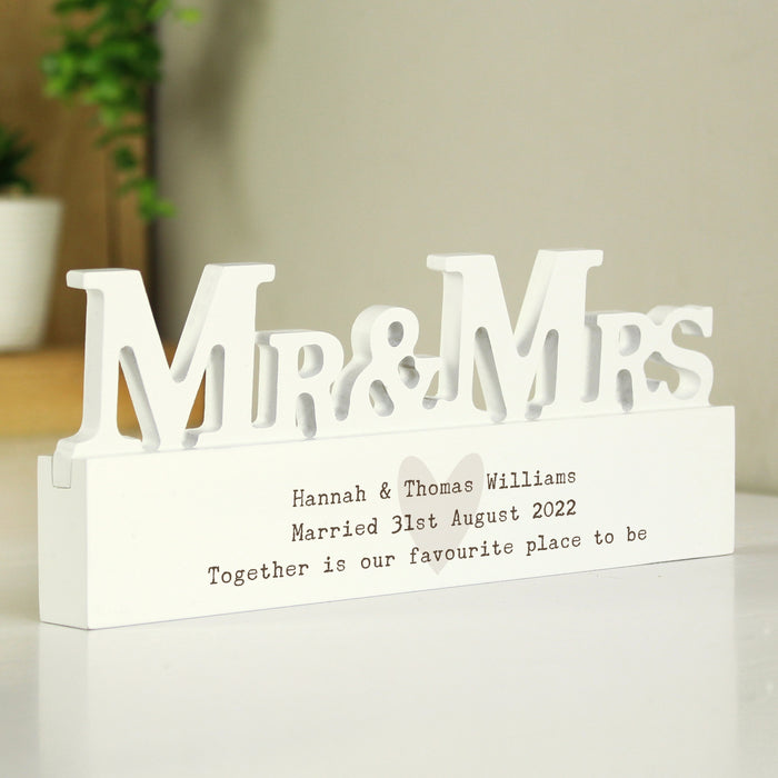 Personalised Free Text Heart Wooden Mr & Mrs Ornament - The Gift Cabin UK