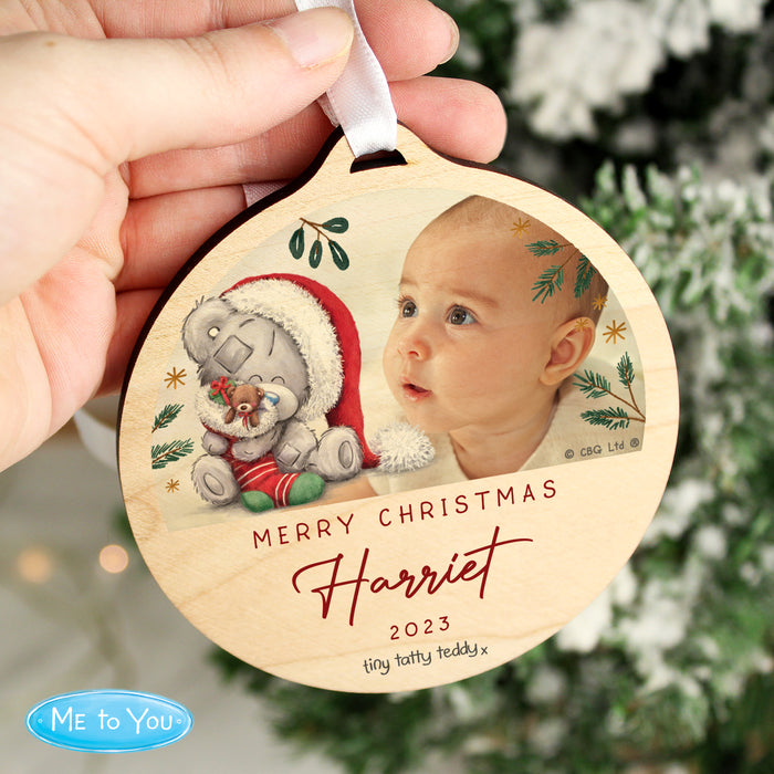 Personalised First Christmas Tiny Tatty Teddy Photo Upload Round Wooden Decoration - The Gift Cabin UK