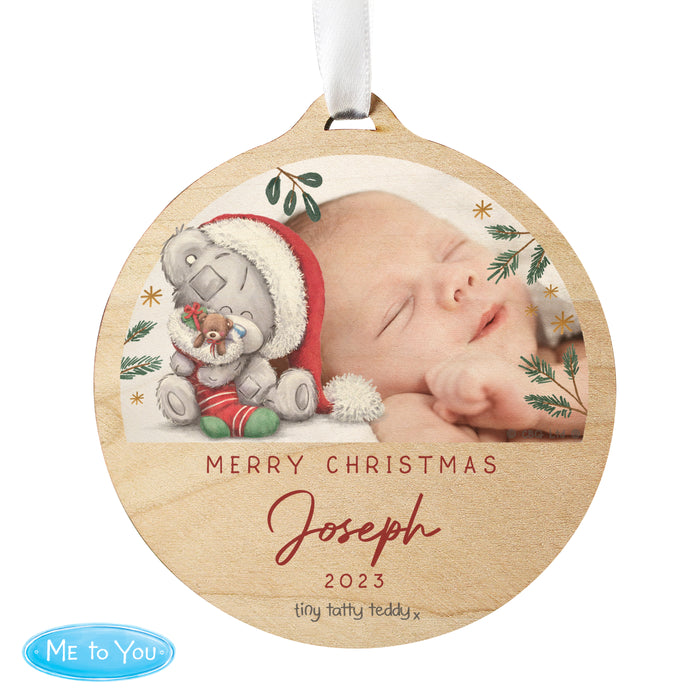 Personalised First Christmas Tiny Tatty Teddy Photo Upload Round Wooden Decoration - The Gift Cabin UK