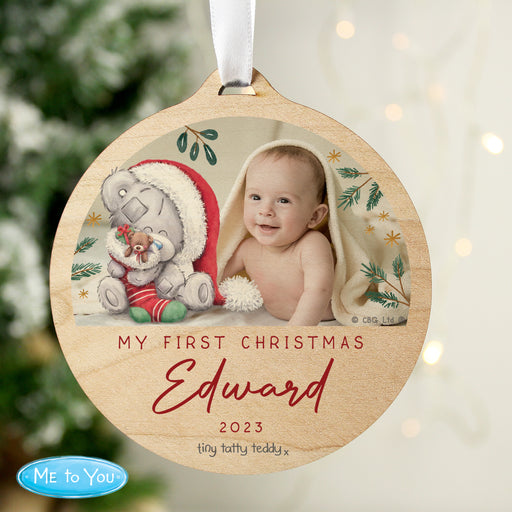 Personalised First Christmas Tiny Tatty Teddy Photo Upload Round Wooden Decoration - The Gift Cabin UK