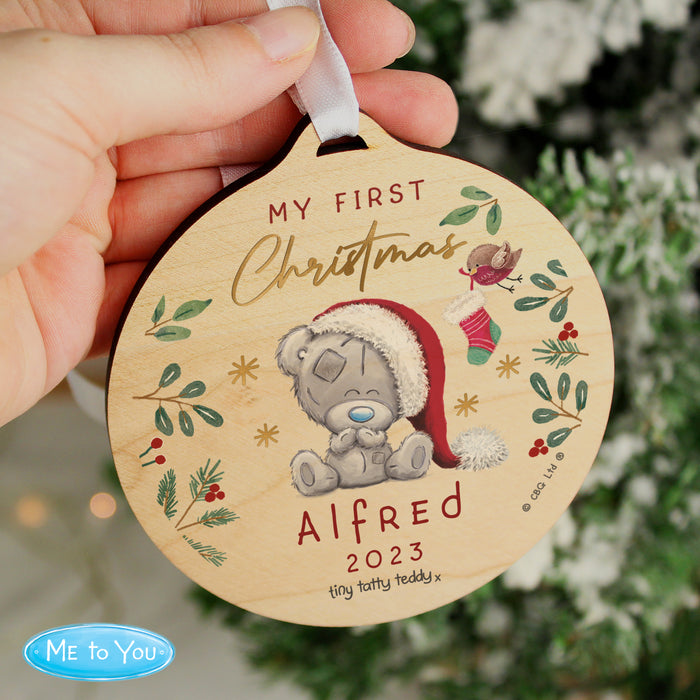 Personalised First Christmas Tiny Tatty Teddy Round Wooden Decoration - The Gift Cabin UK