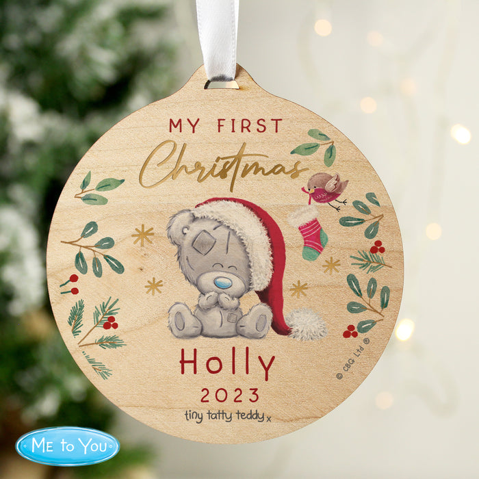 Personalised First Christmas Tiny Tatty Teddy Round Wooden Decoration - The Gift Cabin UK